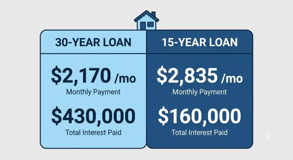 Comparison chart of 15-year vs 30-year mortgage monthly payment and total interest