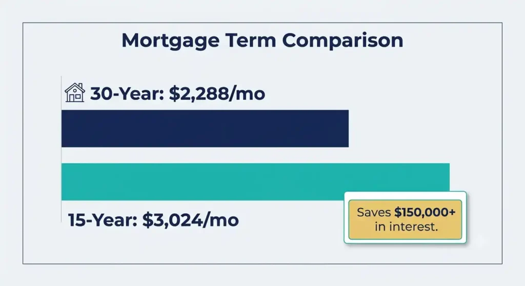 Bar chart comparing 15-year and 30-year mortgage monthly payments and total interest savings