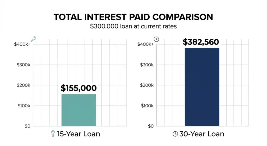 Bar chart comparing total interest paid on a 15-year vs 30-year mortgage amortization schedule