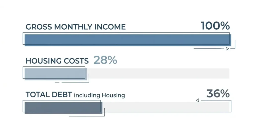 28/36 rule diagram showing debt-to-income ratio limits for home affordability