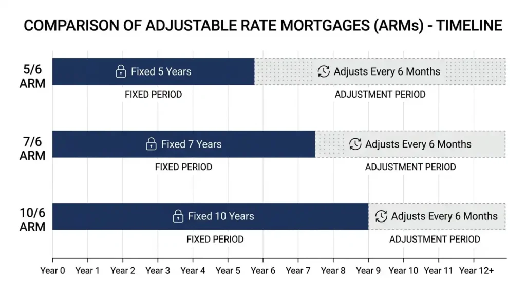 Timeline comparing 5/6 ARM, 7/6 ARM, and 10/6 ARM fixed and adjustment periods.