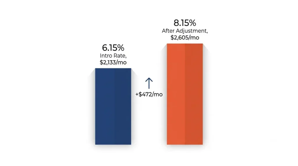 ARM payment increase from 6.15% to 8.15% after rate adjustment, $350,000 loan