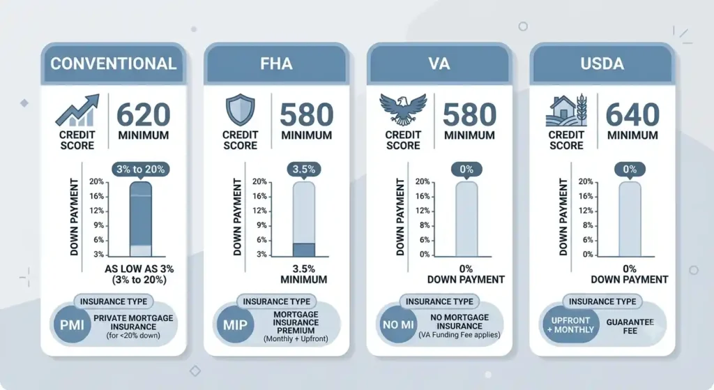 Comparison chart of conventional, FHA, VA, and USDA loan credit score and down payment requirements