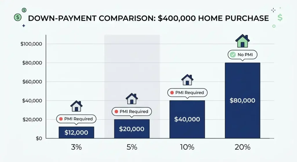 Comparison chart of 3%, 5%, 10%, and 20% down payment amounts on a 0,000 home