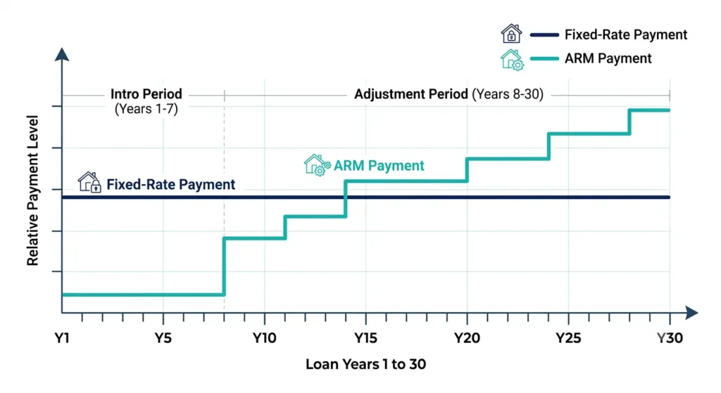 Line chart comparing fixed rate and adjustable rate mortgage payment stability over time