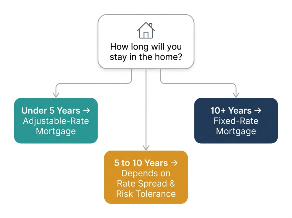 Decision flowchart for choosing fixed vs adjustable rate mortgage by homeownership timeline