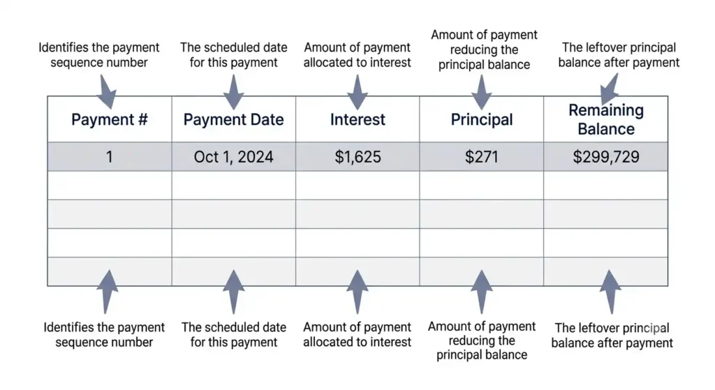 Sample mortgage amortization schedule table showing payment number, interest, principal, and remaining balance columns