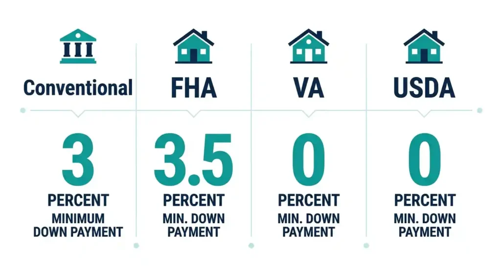 Comparison of minimum down payments for conventional, FHA, VA, and USDA loans in 2026