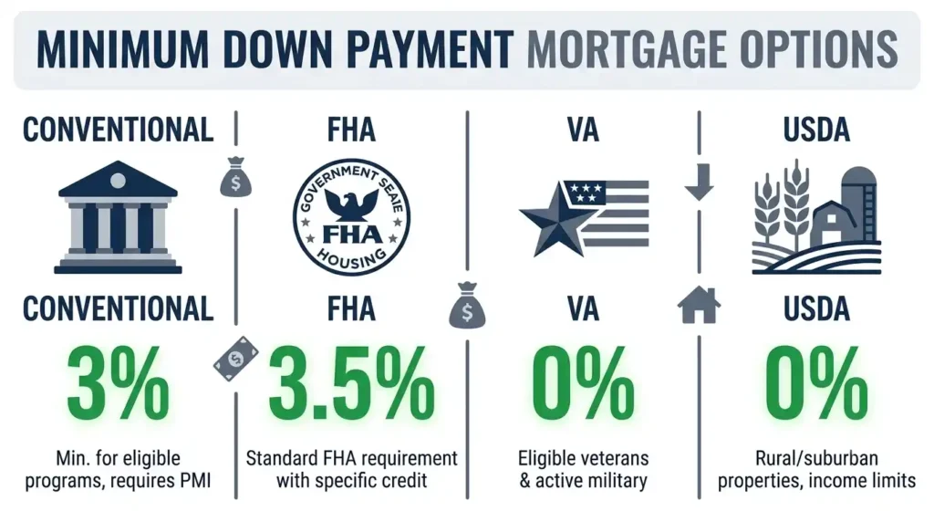 Minimum down payment requirements by loan type: conventional, FHA, VA, and USDA