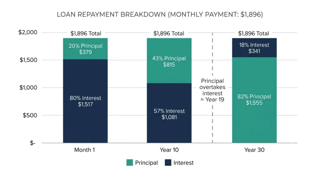Chart showing how mortgage interest vs principal payments shift over a 30-year amortization schedule