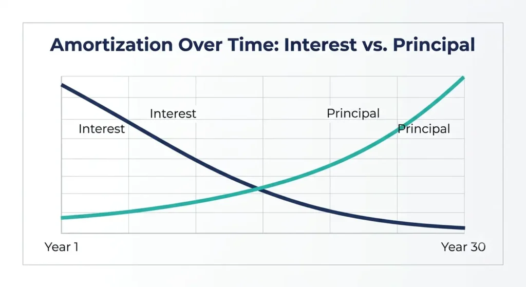 Diagram showing how mortgage payments shift from mostly interest to mostly principal over a 30-year loan
