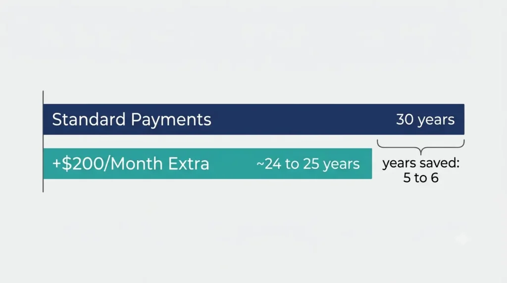Timeline comparing standard mortgage payoff to an accelerated payoff with extra monthly payments