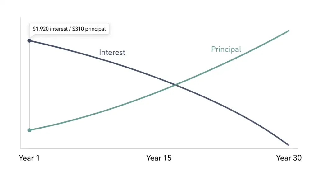Chart showing mortgage interest and principal payment trend over a 30 year amortization schedule