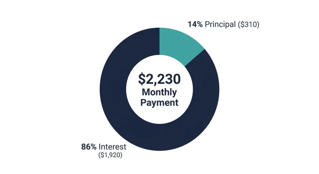 Pie chart showing month 1 mortgage payment breakdown between interest and principal
