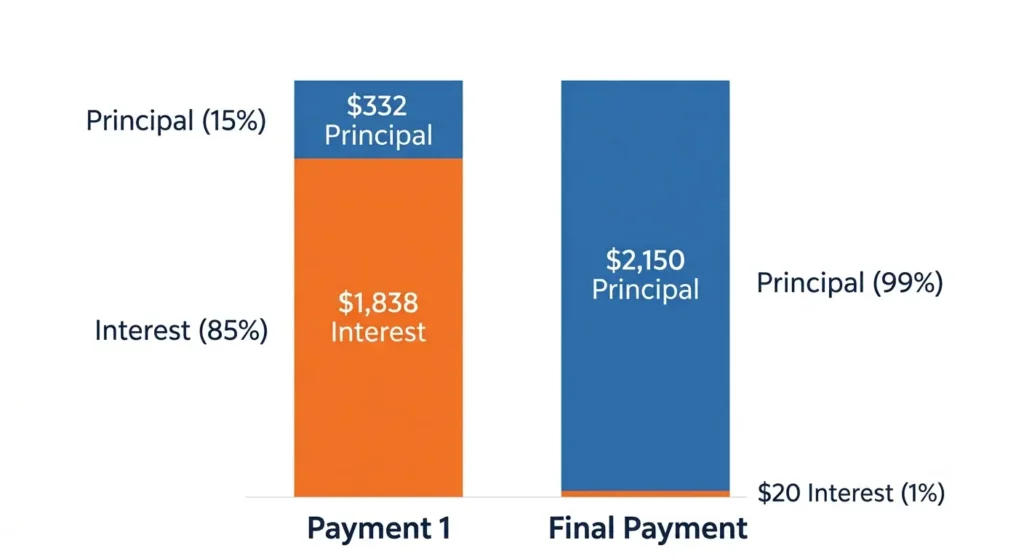 Chart showing how a mortgage payment shifts from mostly interest to mostly principal over time
