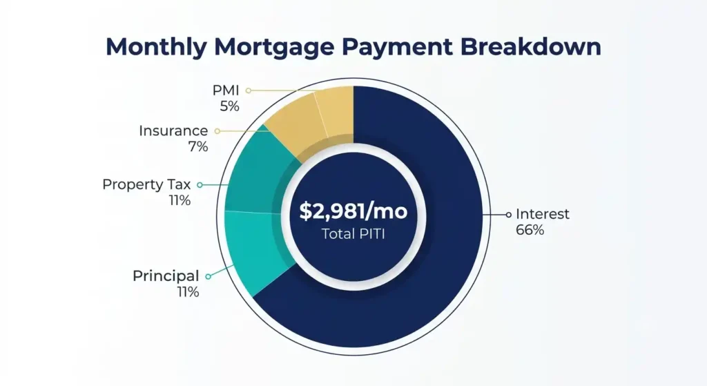 PITI breakdown chart showing principal, interest, property tax, insurance, and PMI percentages of a ,981 monthly mortgage payment