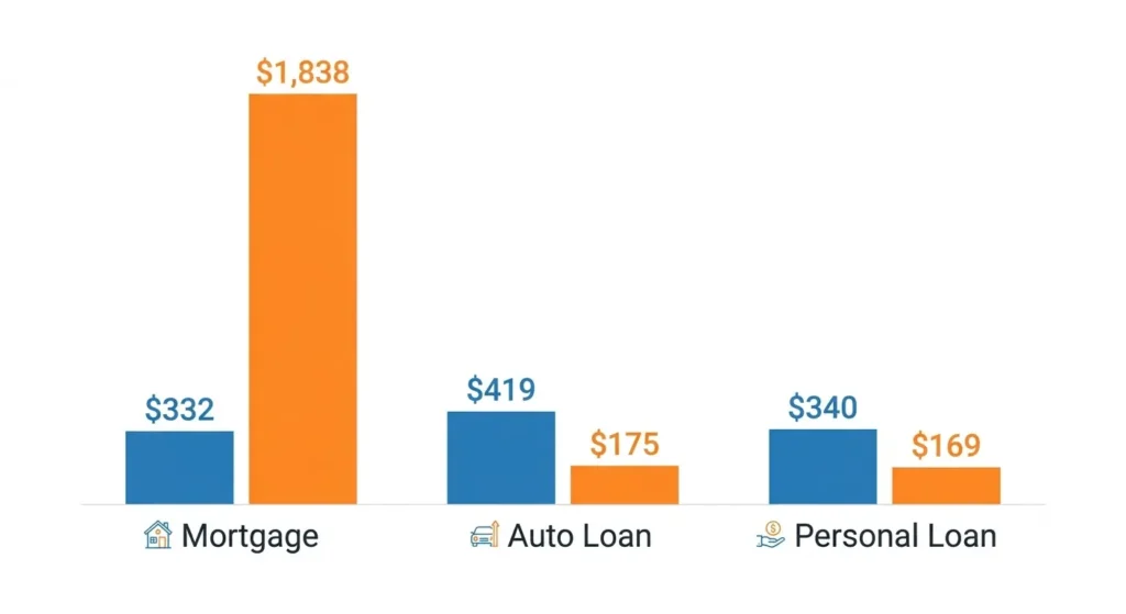 Bar chart comparing principal vs interest in the first payment for mortgage, auto, and personal loans