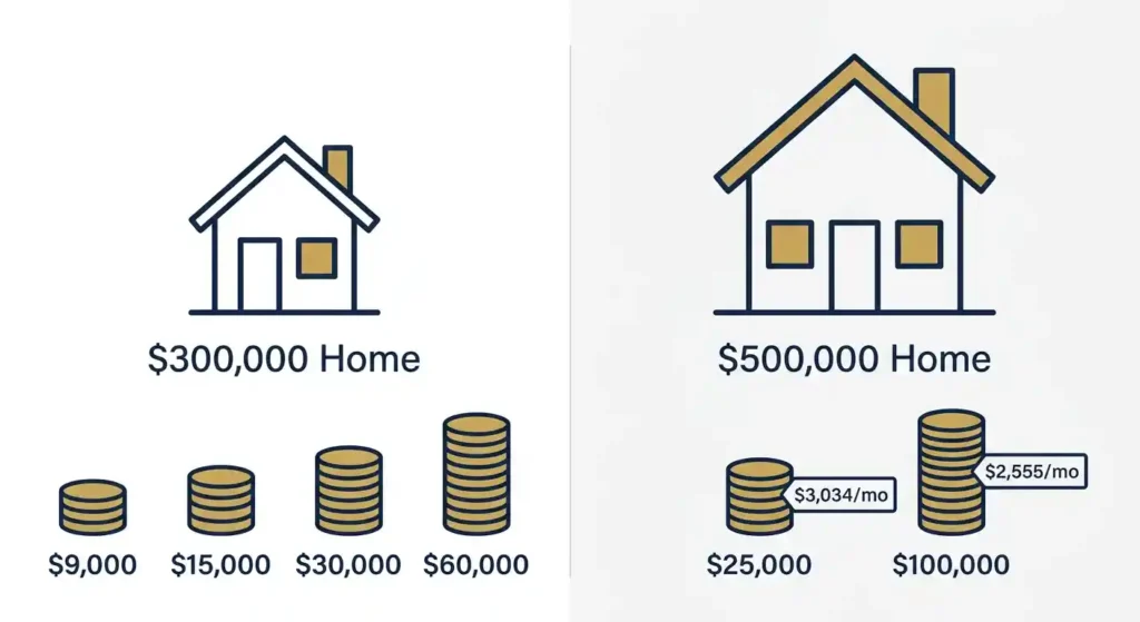 Real down payment examples comparing a 0,000 home and a 0,000 home