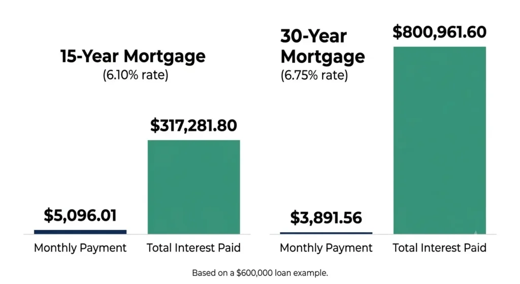15-year vs 30-year mortgage monthly payment and total interest comparison on a $600,000 loan in 2026