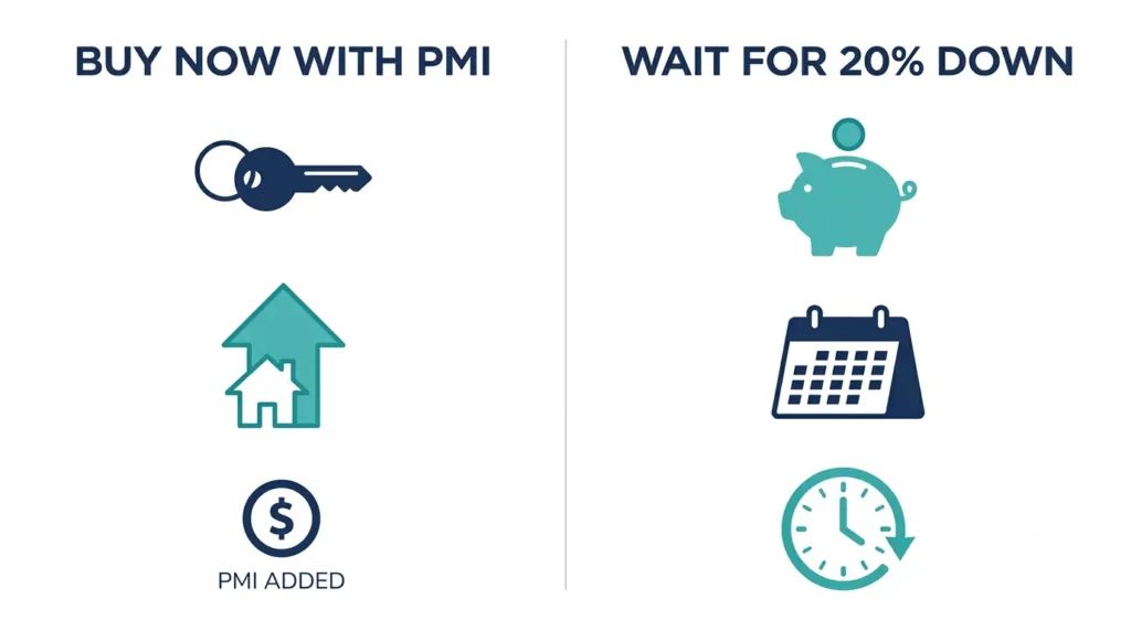 Comparison graphic of buying now with PMI versus waiting to save a 20 percent down payment