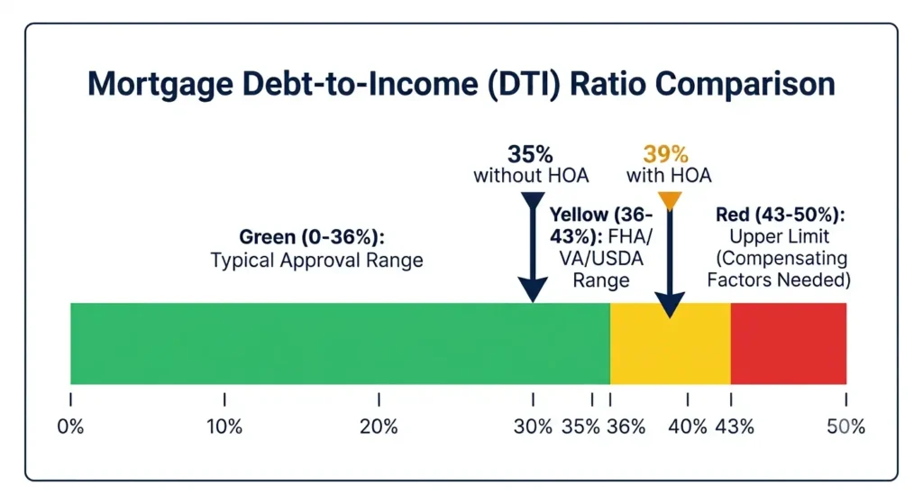DTI ratio gauge showing how HOA fees push a Texas buyer's debt-to-income ratio from 35% to 39%