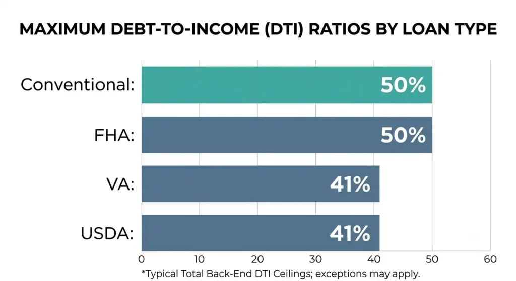 2026 maximum debt-to-income ratio limits by loan type, conventional, FHA, VA, and USDA