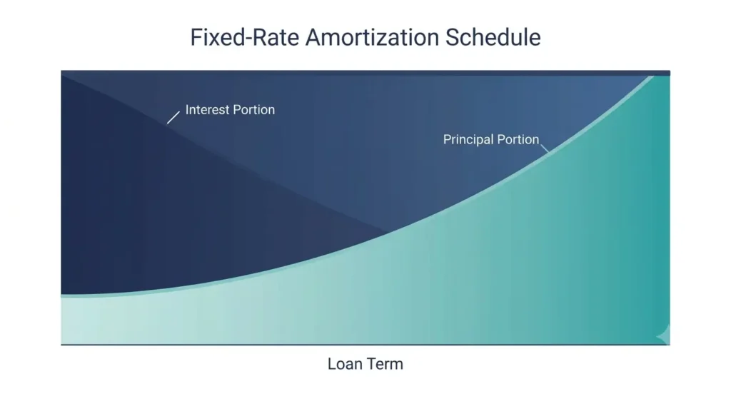 Conceptual chart showing how mortgage amortization shifts from interest-heavy to principal-heavy payments over time