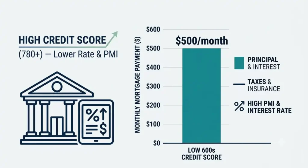 Bar chart comparing PMI monthly cost by credit score,  versus 0