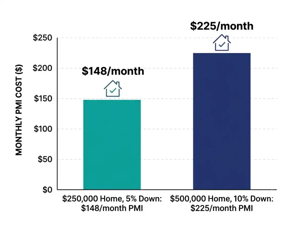 Bar chart comparing monthly PMI cost on a 250000 dollar home versus a 500000 dollar home