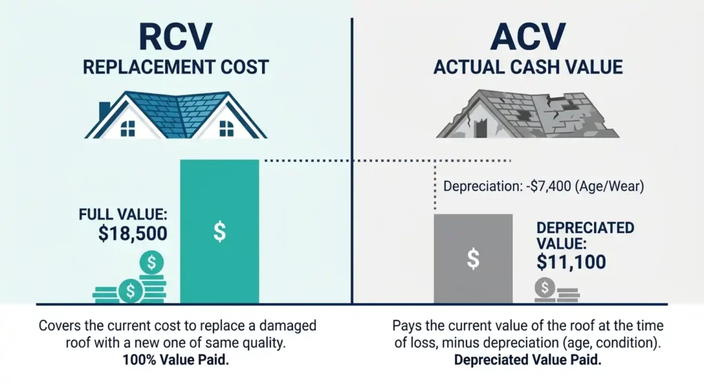 Replacement cost versus actual cash value payout comparison for a Texas roof claim