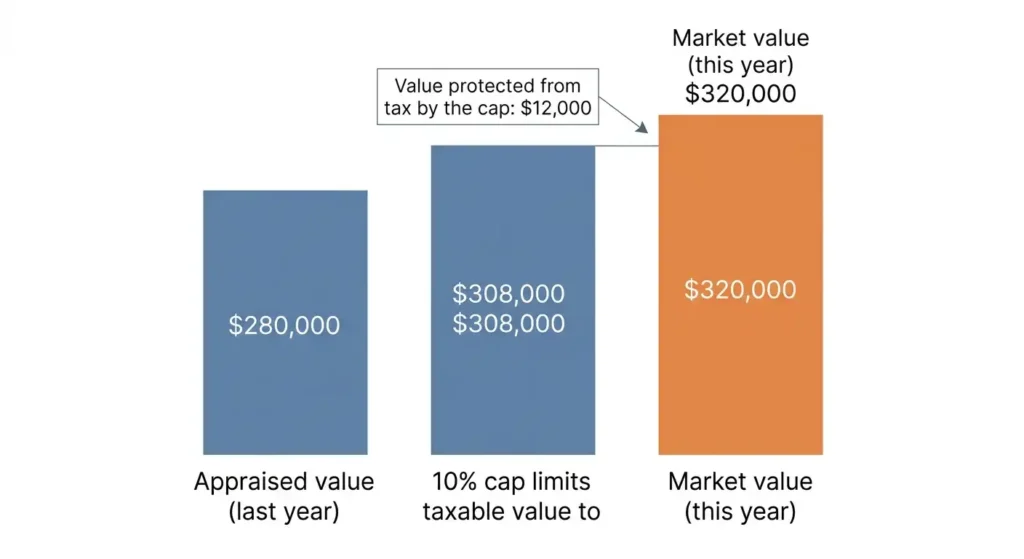 Texas 10 percent homestead appraisal cap example showing capped taxable value versus market value