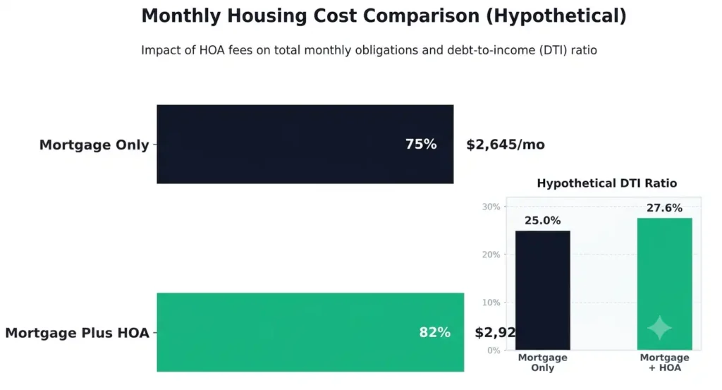 Bar chart comparing Texas mortgage payment with and without HOA fees, $2,645 versus $2,925 monthly