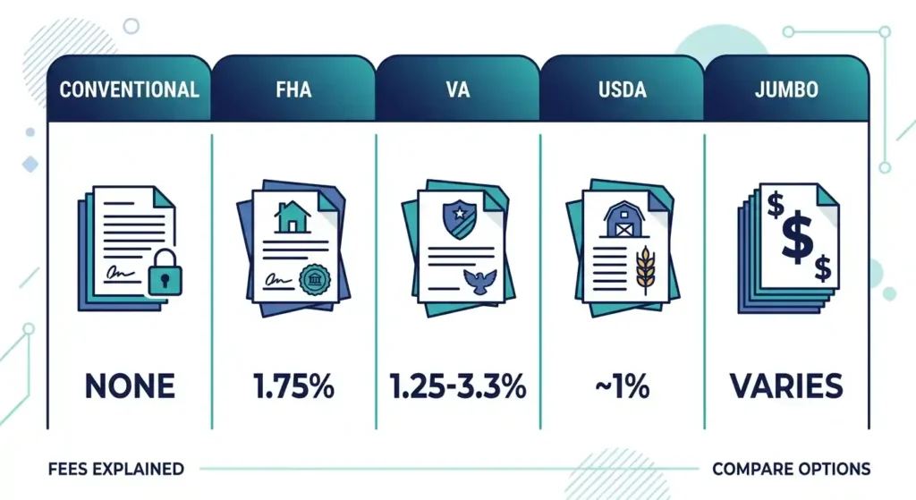 Comparison of upfront closing costs by mortgage loan type in Texas including FHA, VA, USDA, and conventional loans