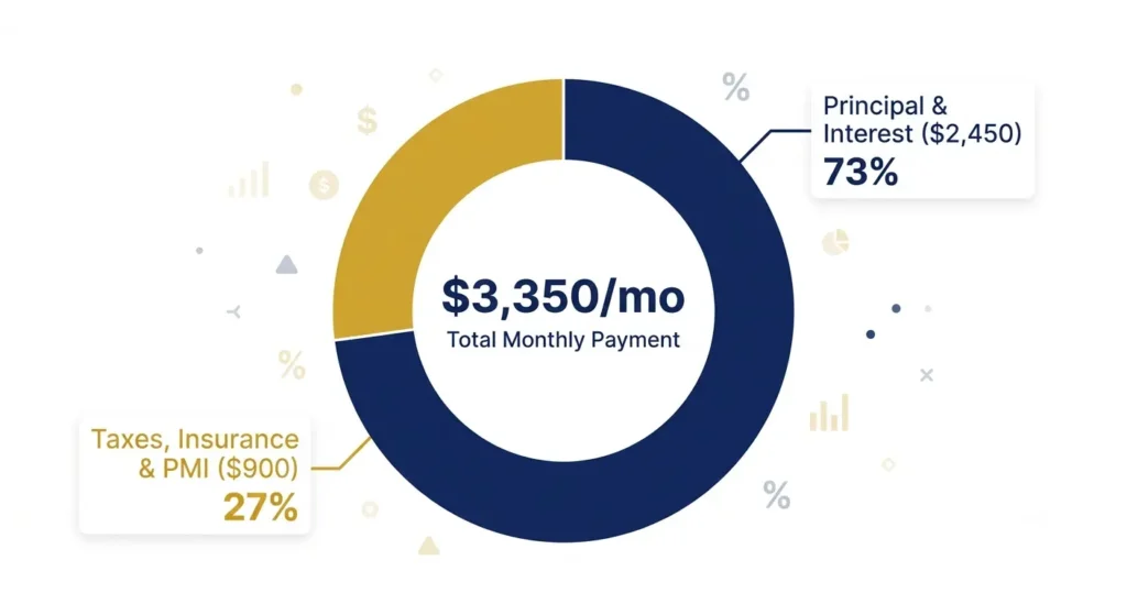 Breakdown of a 0,000 Texas mortgage payment showing principal, interest, taxes, insurance, and PMI