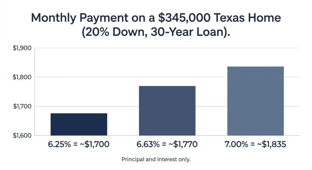 Monthly mortgage payment comparison at 6.25%, 6.63%, and 7.00% on a 5,000 Texas home