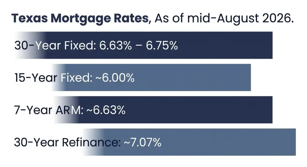Texas mortgage rates comparison chart showing 30-year, 15-year, ARM, and refinance rates as of mid-August 2026