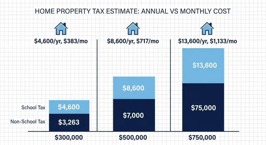 Texas property tax calculator example for 0,000, 0,000, and 0,000 homes