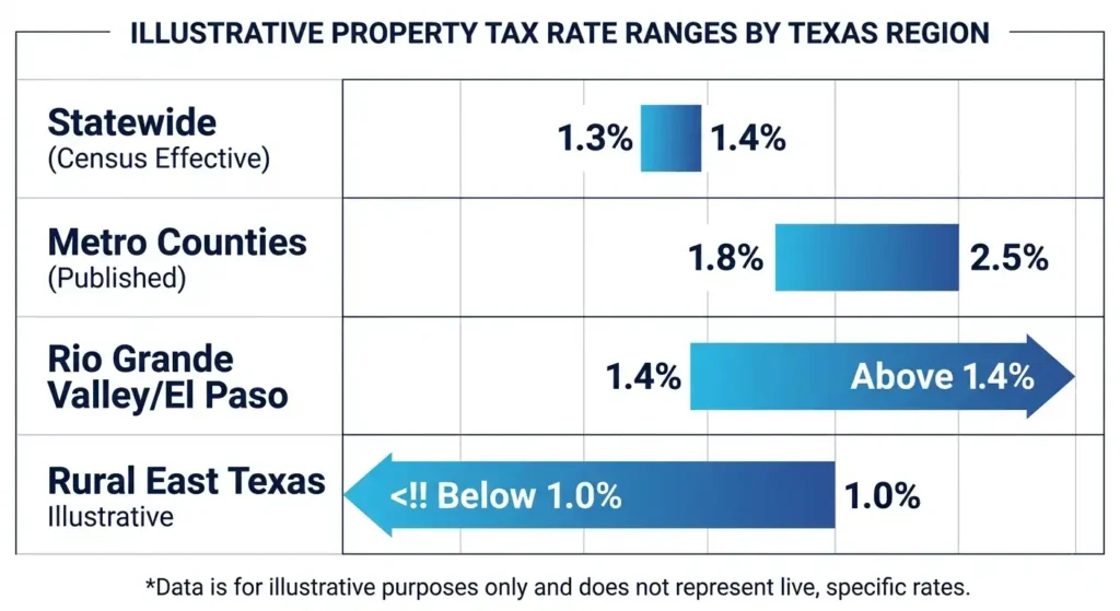 Texas property tax rate comparison by region 2026, effective vs published rates