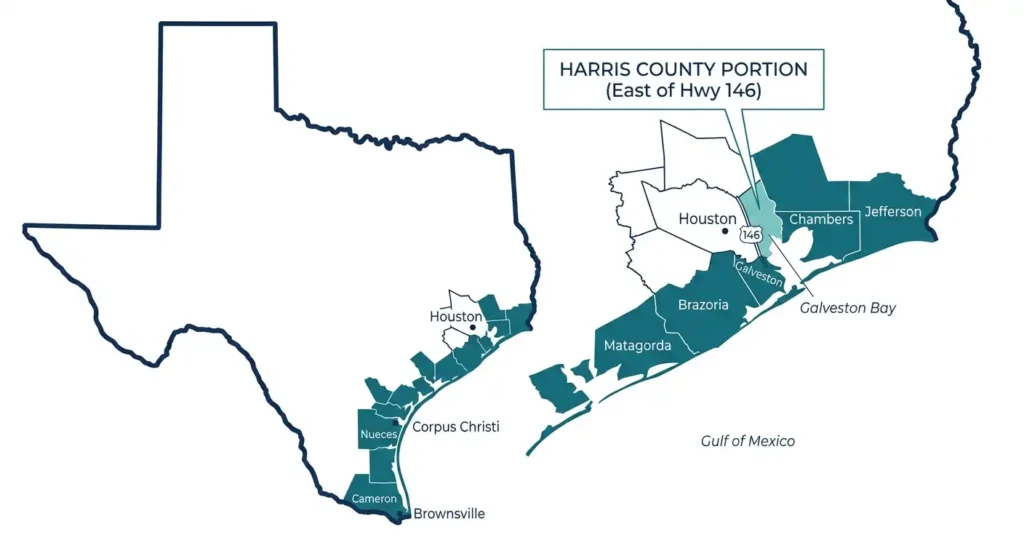 Map of Texas coastal counties where TWIA windstorm insurance coverage may be needed